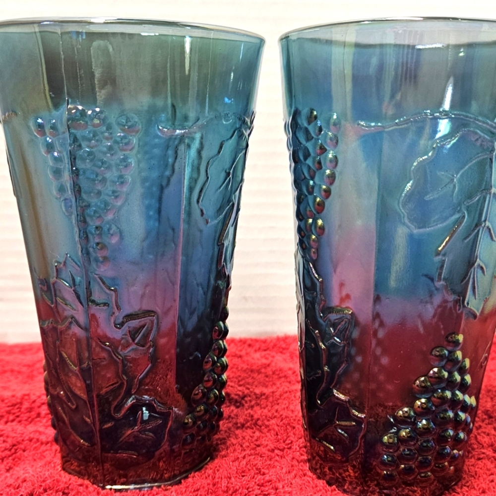 Vintage Carnival Glass Tumblers - Iridescent Blue and Purple